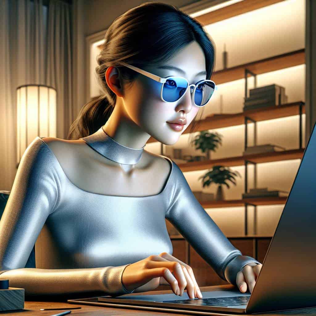 Stylish blue light blocking glasses worn.