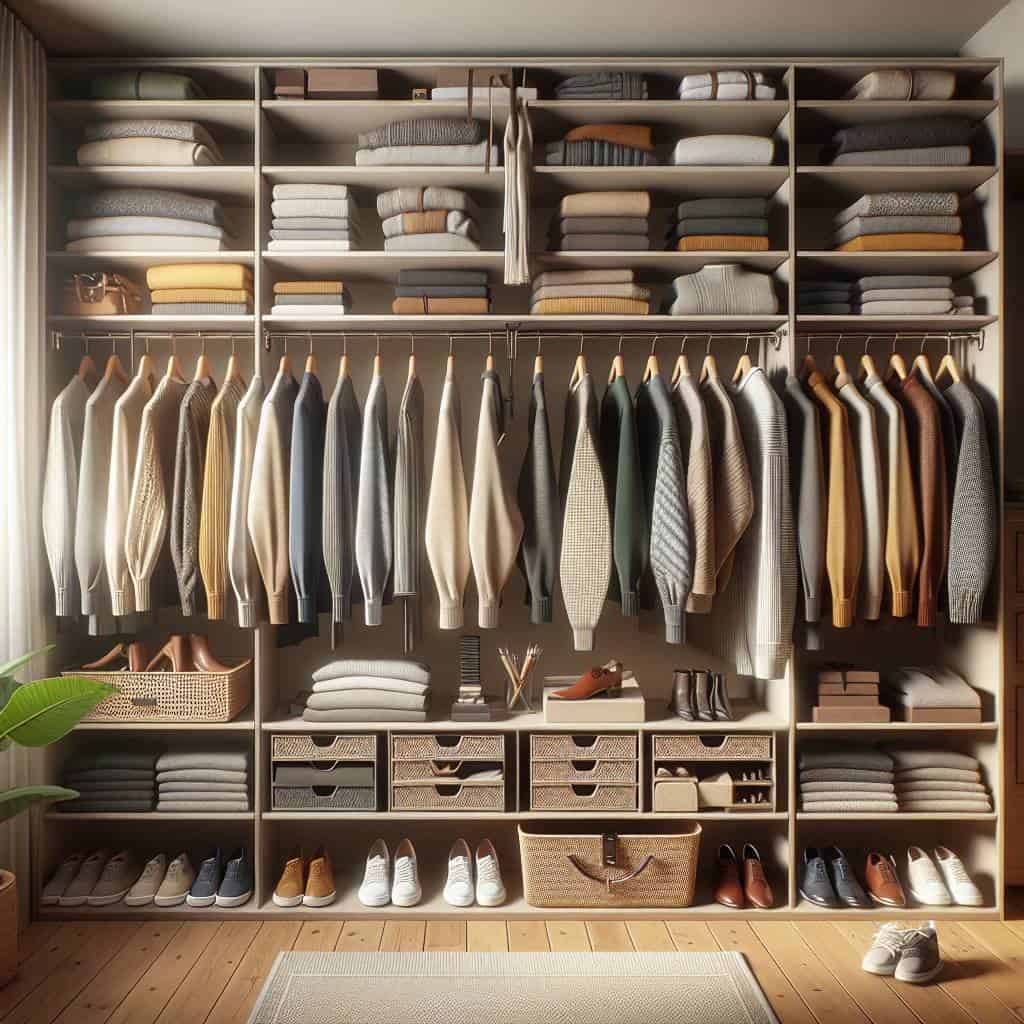 Creative closet organization with clothing, shoes, accessories.